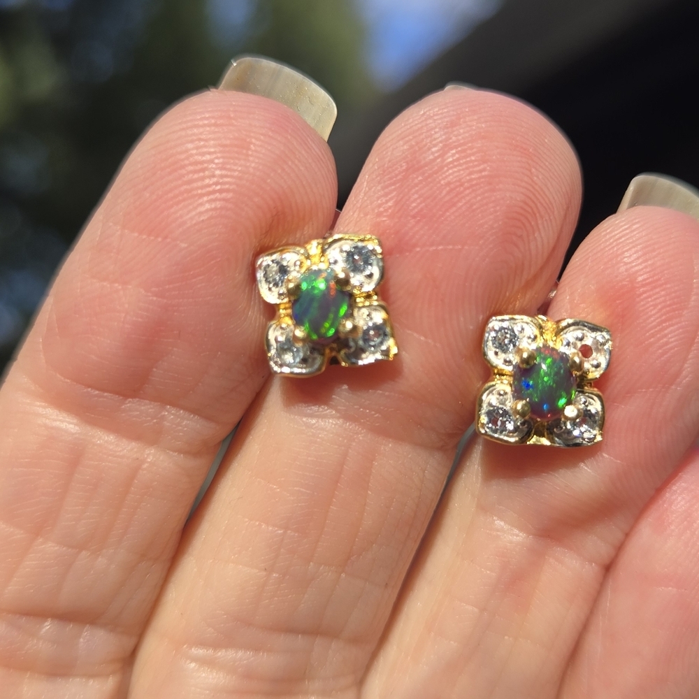 Black Opal & Topaz Natural Gemstone Sterling & Gold Earrings - Picture 5 of 10